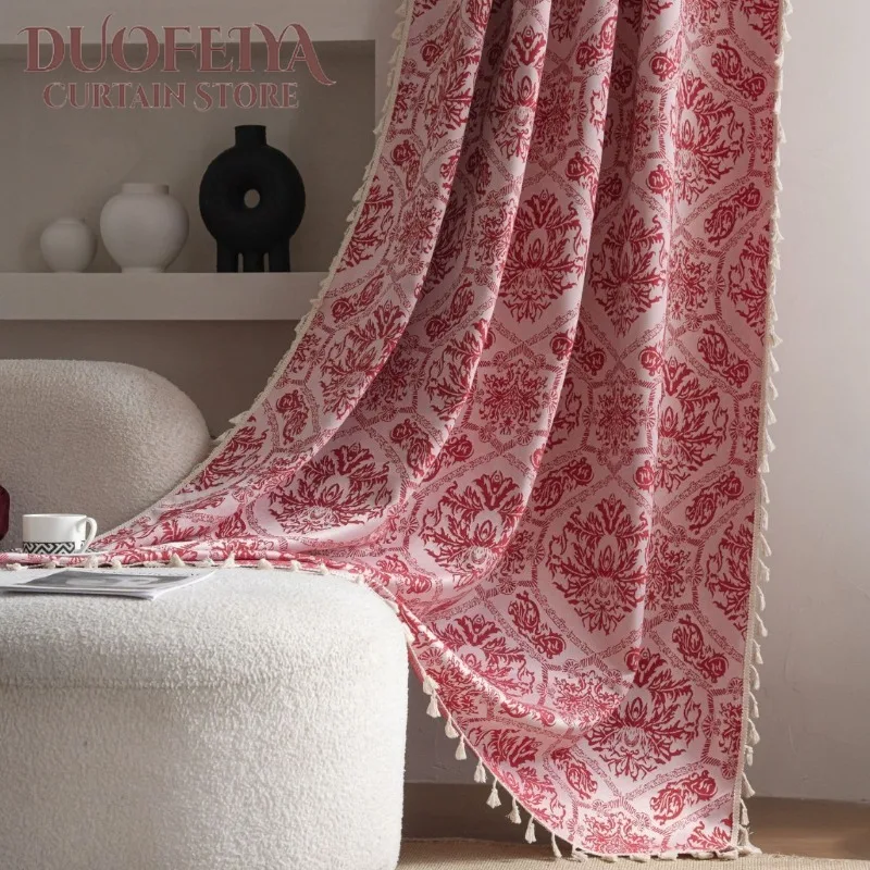 French Curtains Retro Style Jacquard Red Tassel Semi-blackout Curtains for Living Dining Room Bedroom European Elegant Drapes