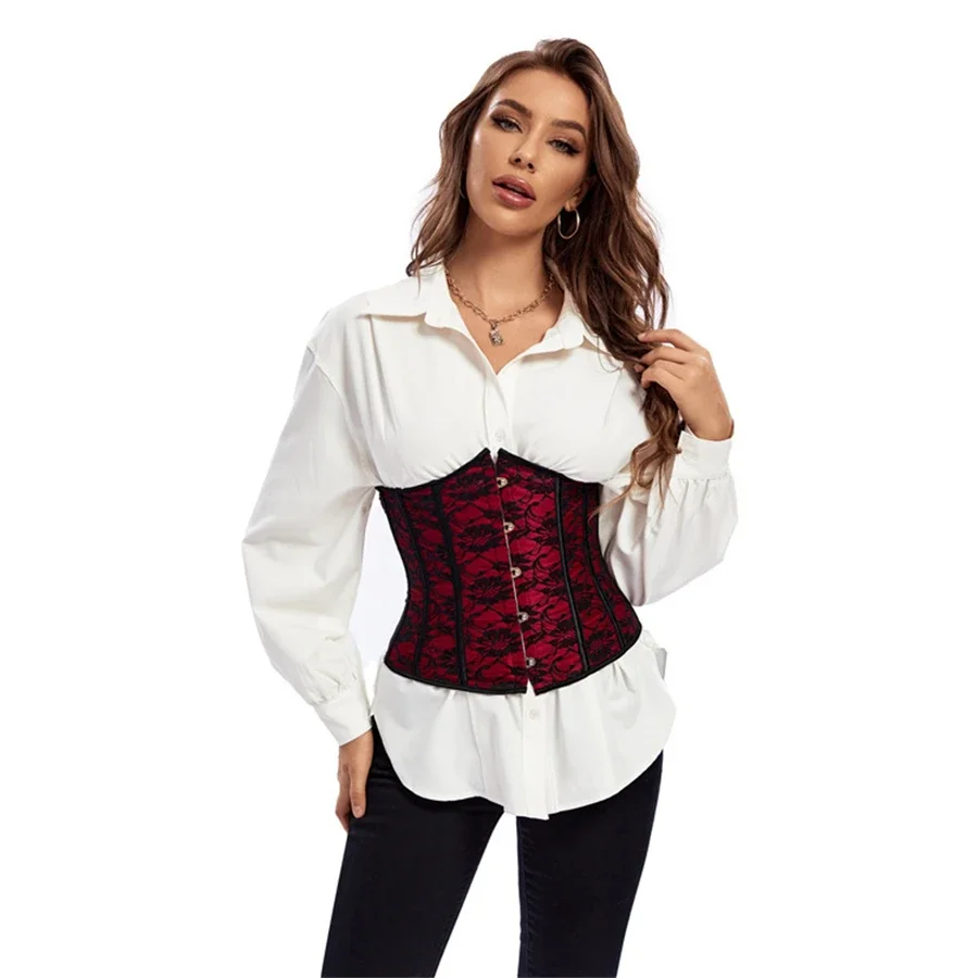 

Vintage Underbust Corset Top Women Fashion Gothic Bustier Red Waist Cincher Lace Up Floral Slimming Belt Body Shaperwear