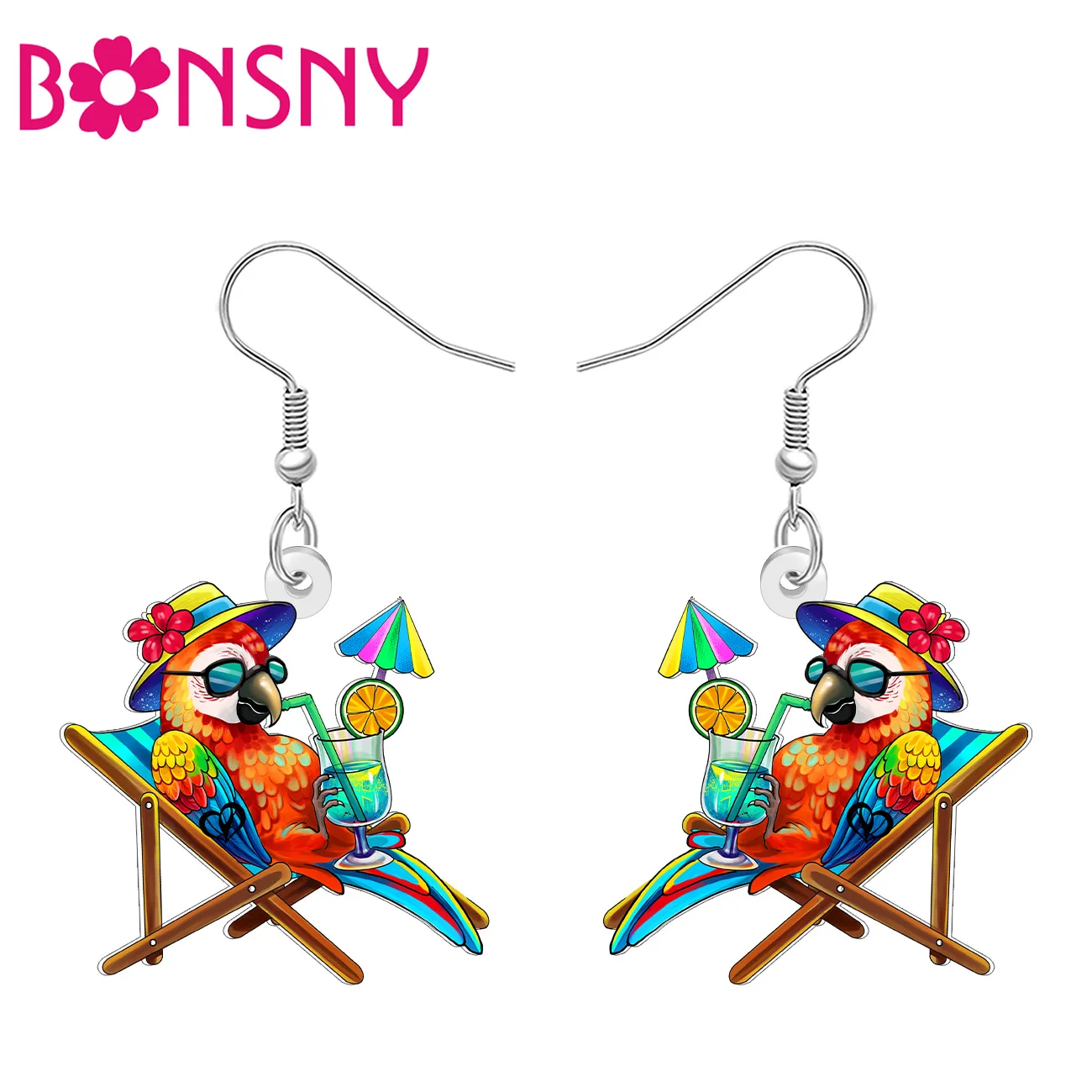 BONSNY Acrylic Novelty Macaw Parrot Earrings Tropical Island Bird Summer Holiday Jewelry Hawaii Vacation Gifts For Women Teens