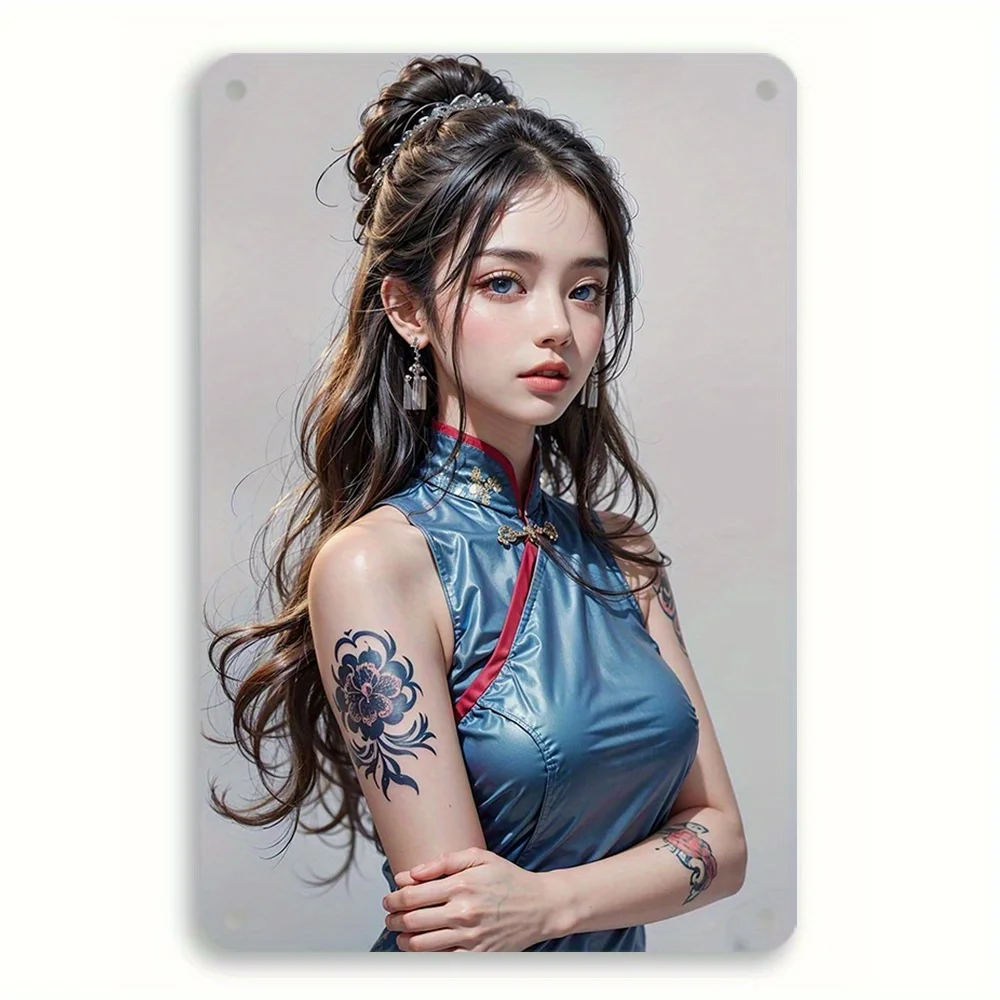 Letrero de metal vintage de anime girl: arte de pared de estilo clásico con pelo rojo y tatuaje floral, perfecto para el hoga