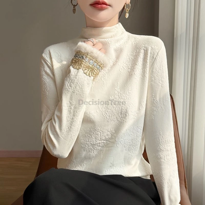 

2025 thicken cotton warm blouse simple daily versatile chinese women's top high end elegant retro knitting tang suit top