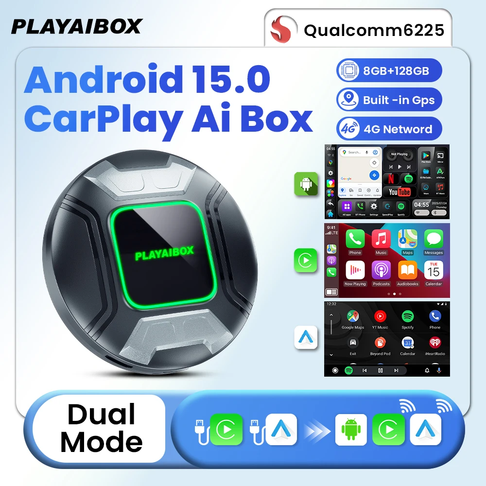 PLAYAIBOX Android 15.0 CarPlay Ai BOX Wireless Android Auto 8GB + 128GB 4G Netword بنيت في نظام تحديد المواقع لشاشة Netflix YouTube المقسمة