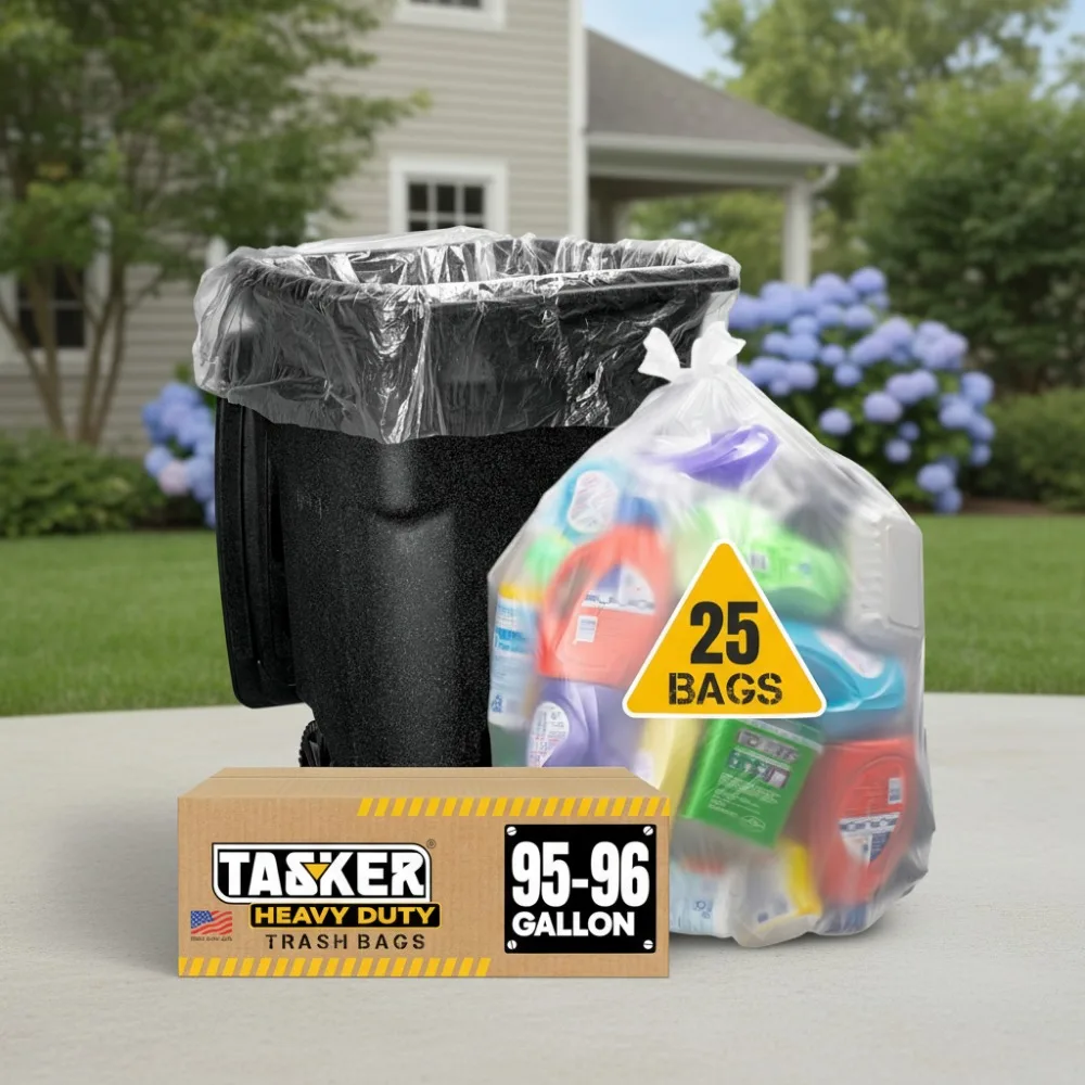 

Extra Large 95-100 Gallon Clear Trash Bags Heavy Duty | 25 Count | Leak Proof Can Liners for Home Office Garage