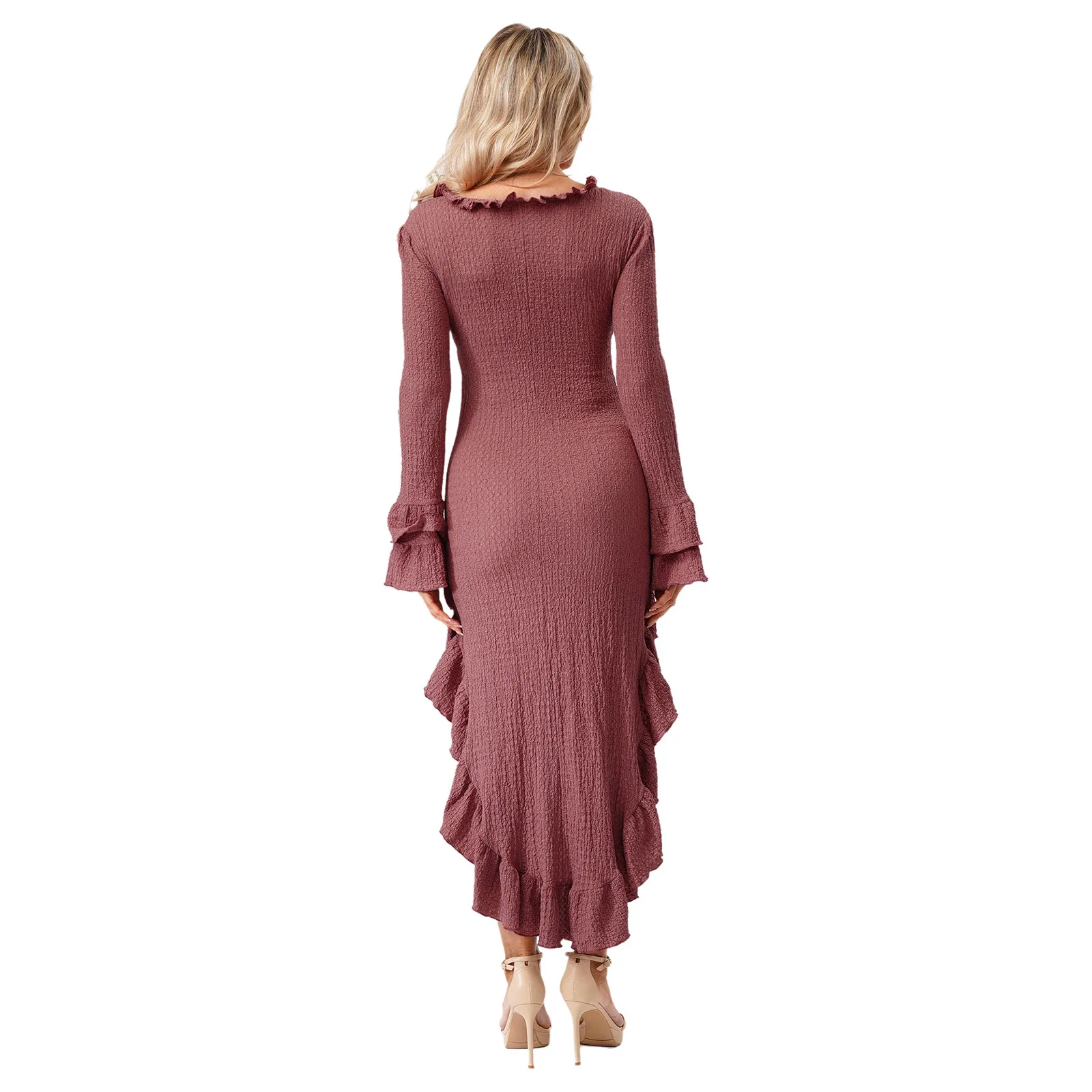 Spring Autumn Women's Dress Ethnic Retro Solid Ruffle Irregular Dress Long Sleeve Boho Maxi Dress Cocktail Evening Party Gown