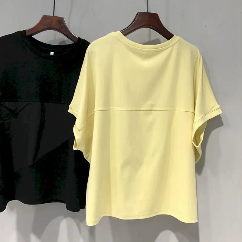 Oversized T Shirts Women Solid Color Patchwork Short Sleeve T-shirt 2024 Summer Trend Loose Casual Bat Sleeve T Shirt Design Top