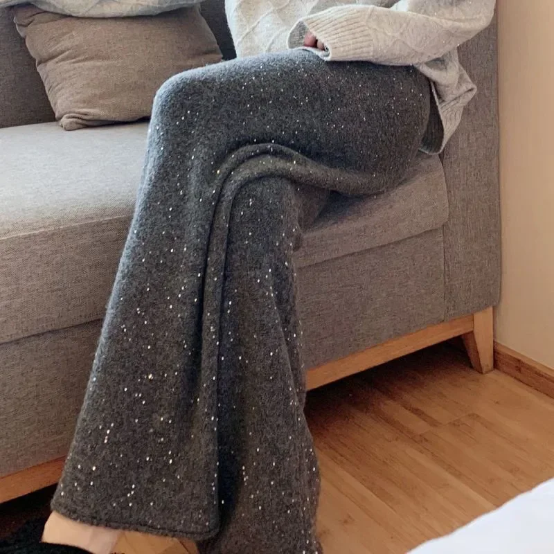 Autumn Winter Shiny Star Night Cashmere Knitted Pants Women's Outerwear Bright Sequin Drape Wide Leg Wool Floor-Length Pants