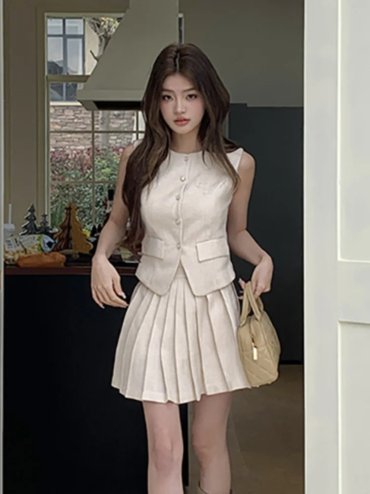 2024 Summer Skirt Set For Women\'s Light Luxury High End Vest Pleated Skirt Two Piece Sets Lady Fashion Casual Conjuntos Cortos