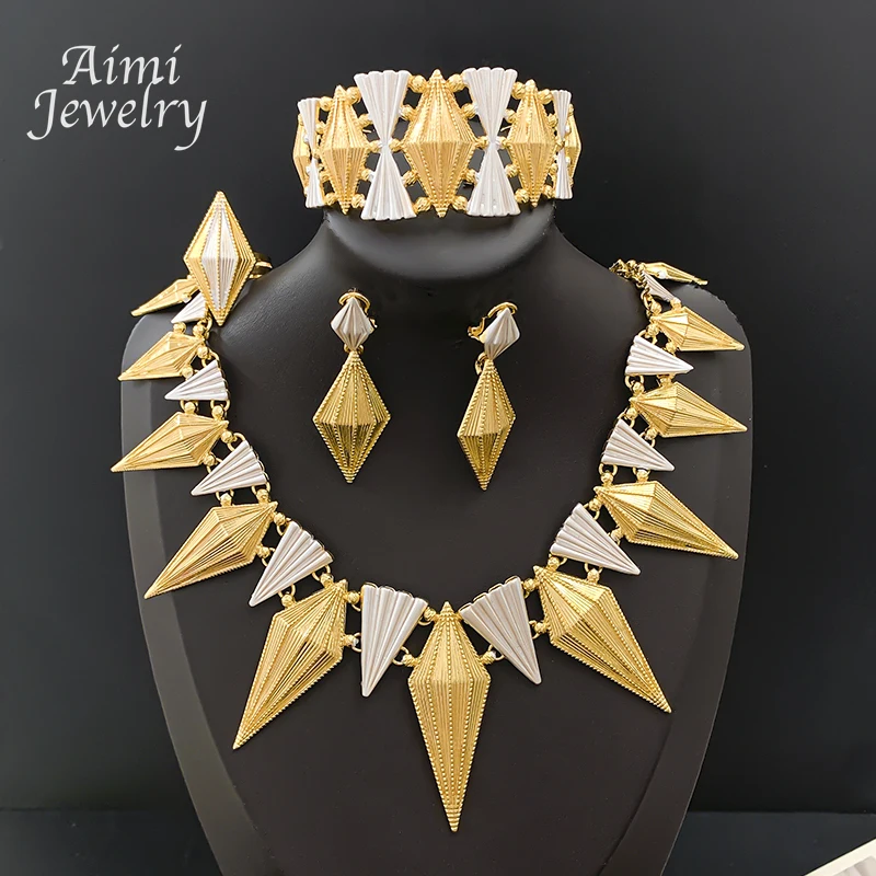 Nigerianisches Übertriebenes Choker-Halsketten-Set mit Ohrringen, Armband und Ring, 18K Vergoldeter Schmuck für Braut, Hochzeit und Partys