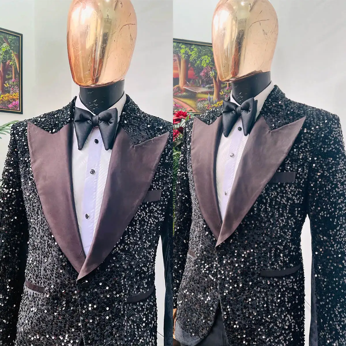 Fatos de casamento brilhantes para homens, lapela, lantejoulas, snoking de um botão, blazer para noivo, calças para festa, negócios, feitos sob medida, 2 PCs