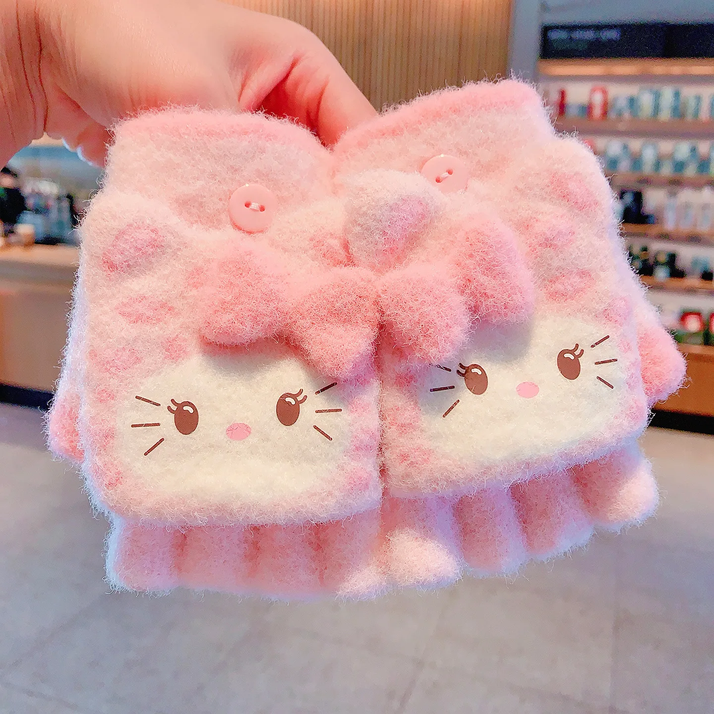 

Children Cartoon Hello Kitty Fingerless Mitts 2025 Winter New High Quality Windproof Warm Gloves Girls' Sweet Pink Flip-up Glove