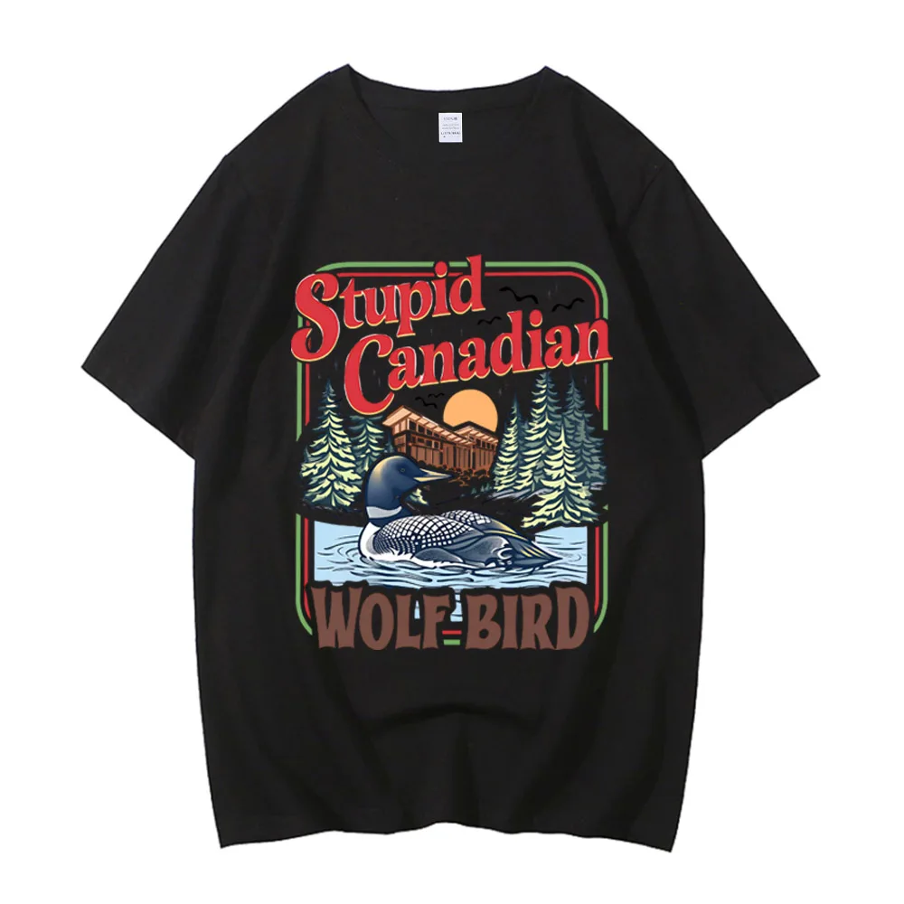 White Wild Forest Bird Graphic T Shirt Lake Loon Sunset Cabin Rectangular Frame Dual Line Text Chest Print Oversized Unisex Tops