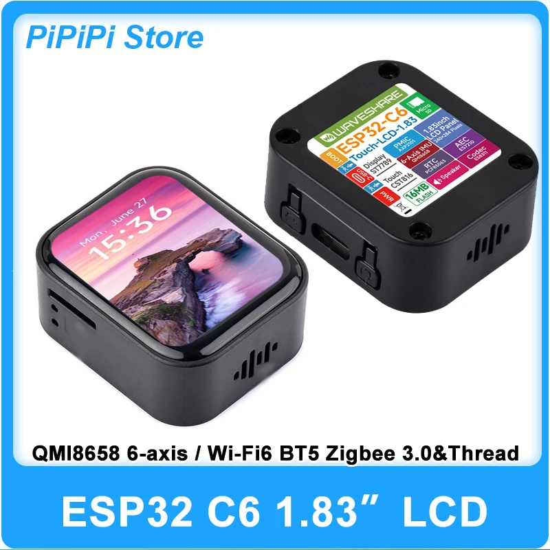 Waveshare ESP32 C6 Development Board 1.83Inch  Touch LCD WiFi6 Zigbee Thread BLE5 16MB Flash Dual Mic 6-Axis IMU RTC IoT Ai LVGL