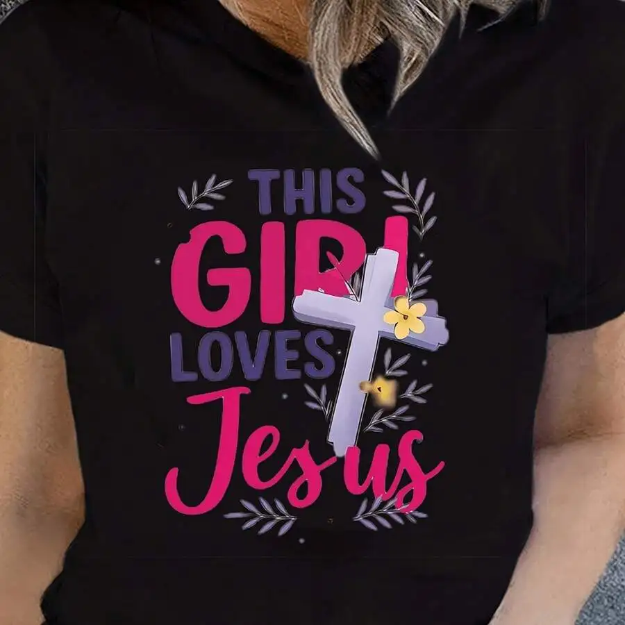 Women's Jesus Slogan Graphic T‑Shirt Purple Cross Print Crew Neck Short Sleeve Casual Daily Tee Top