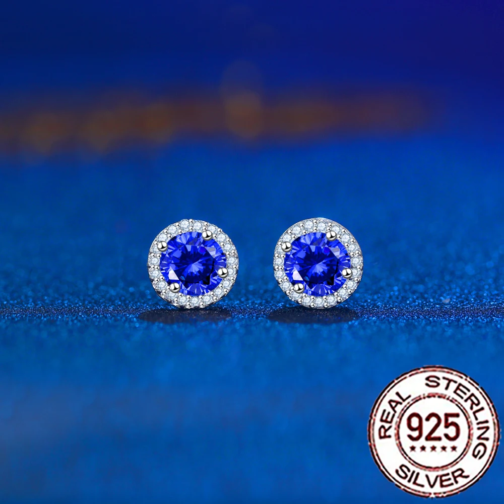 

QooLady 925 Sterling Silver Shiny Dark Blue Cubic Zircon Big Round Stud Earrings for Women Party Dress Jewelry Accessories SE089