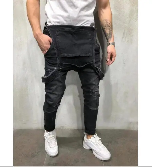 Fashion Loose Men's Suspenders Jumpsuit Denim Overalls Street Man Straight Hole Pants Male Clothing