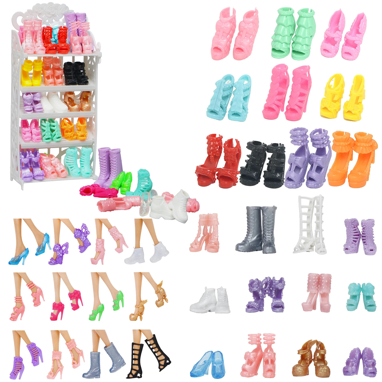 

Набор подставок для кукольной обуви и обуви 11,8 дюйма, аксессуары для кукол, 1 полка для обуви + 22 пары случайных туфель на высоком каблуке 30 см, кукла, детская игрушка