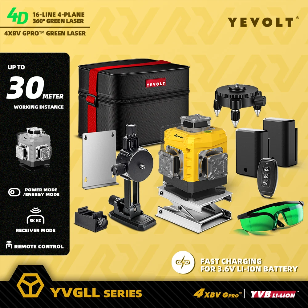 

​​YEVOLT Laser Level YVGLL4XS16G - Touch Buttons + Metal Base - 360° Rotating Window & Real-Time Battery Display & Cost Saving