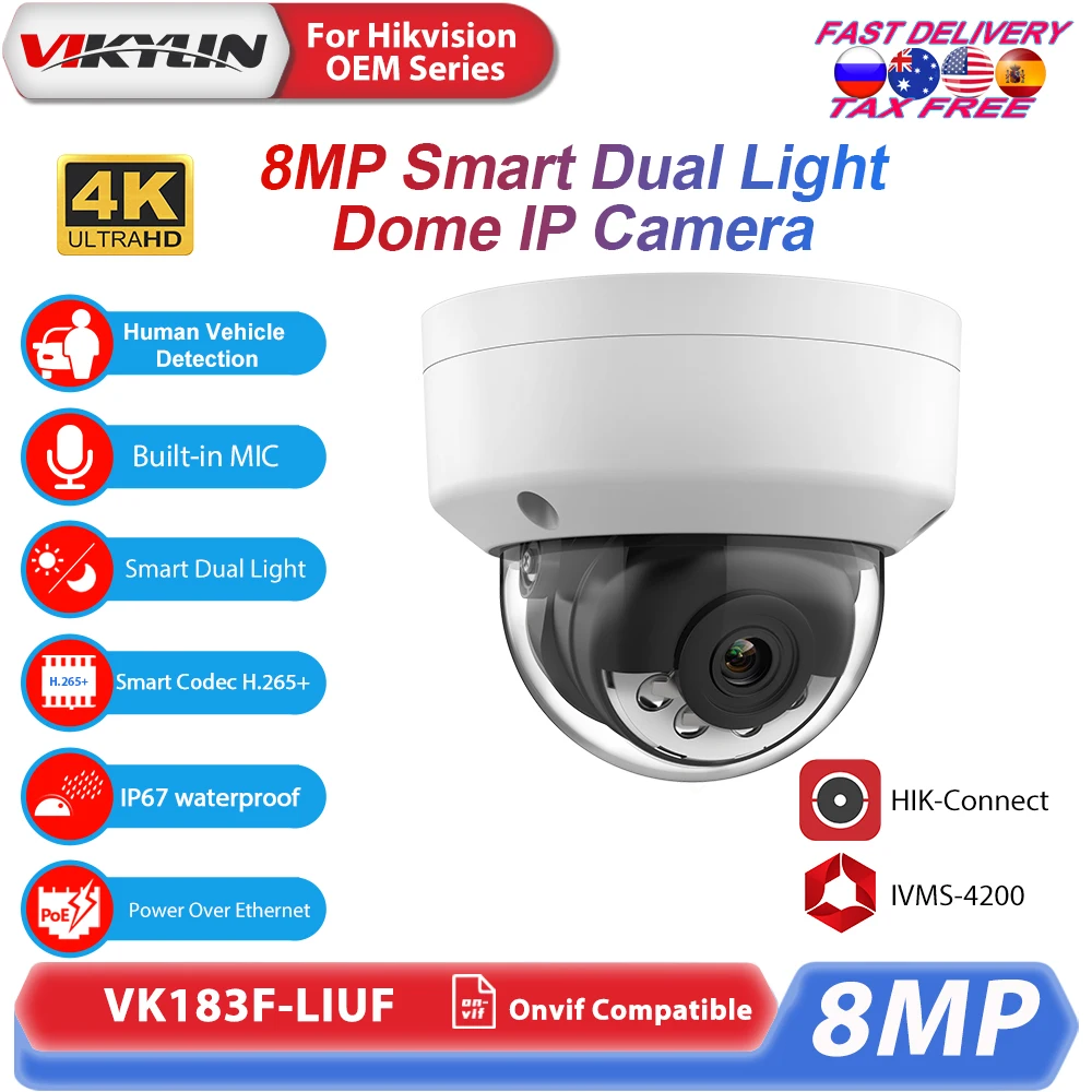 Vikylin Hikvision OEM 4K 8MP 2.8mm Fixed Dome IP Camera POE Built-in Mic 4K Smart Hybrid Light ColorVu Home CCTV security Camera