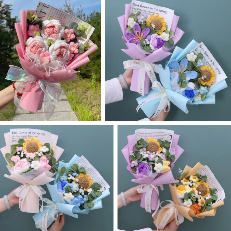 完成したニットの花 ひまわり クロシェブーケ クリエイティブなニットの花 バレンタインデー 母の日 誕生日 卒業祝い