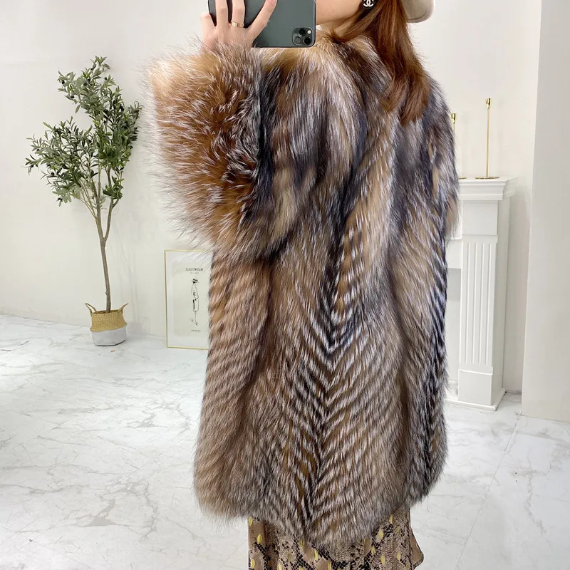 ANNSIRGRA Winter 100% Natural Fox Fur Jacket Long Female Silver Fox Fur Coat V-neck Thick Warm Fashion Luxury Overcoat