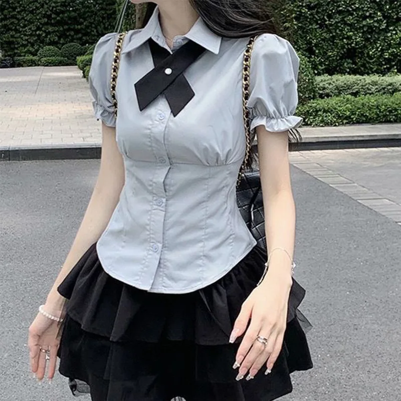 

2025New Style New Bow Casual Solid Color Waist Tight Lapel Short Sleeve Shirt Women PG3284