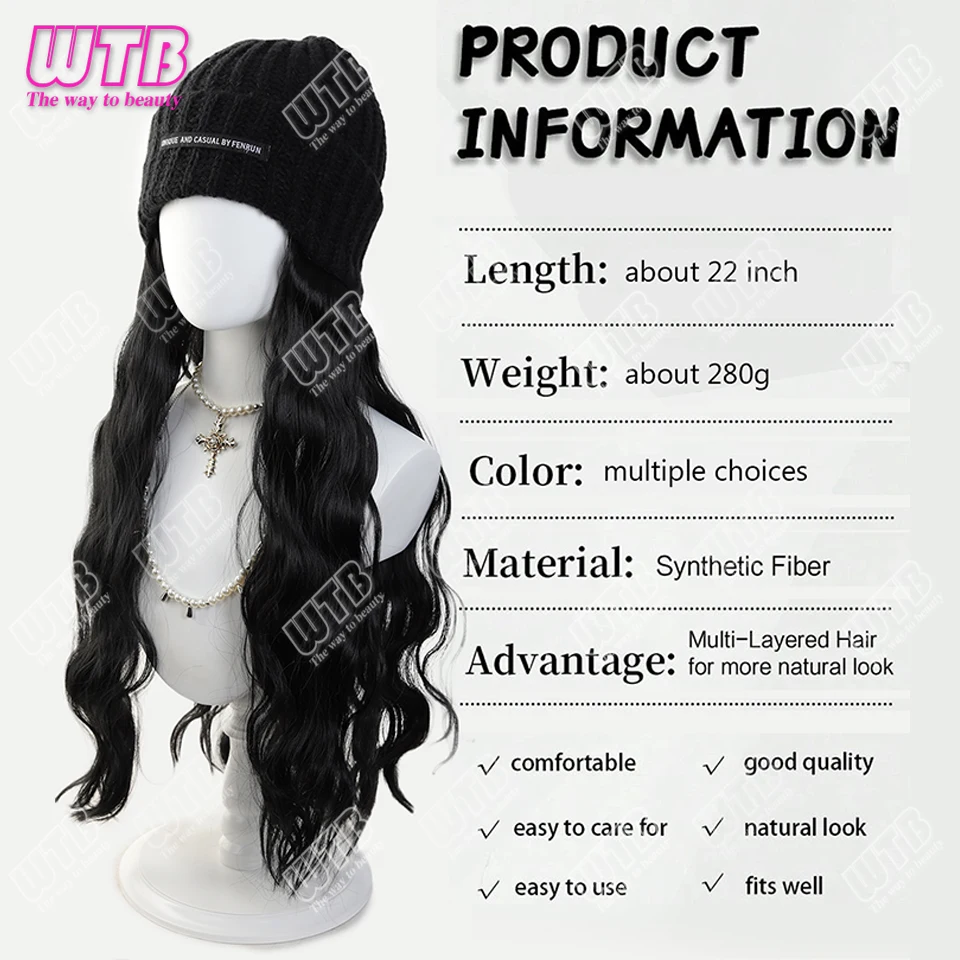 Synthetic hat wig 22 inch knitted hat with long curly hair hat wig, wavy wig, winter wig, Black knitted hat Christmas outfit