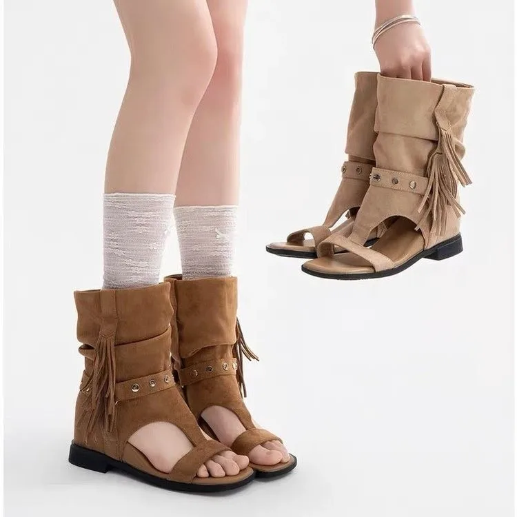 2026 Spring New Products Square Toe Flip Toe Tassel Pile Boots Retro Fashion Personality Sandals Women's Sandals