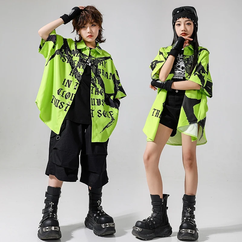 Children Jazz Dance Costume Summer Oversize Hip Hop Green Shirt Black Shorts Girl Kpop Stage Outfit Boys Street Dance Wear 3424