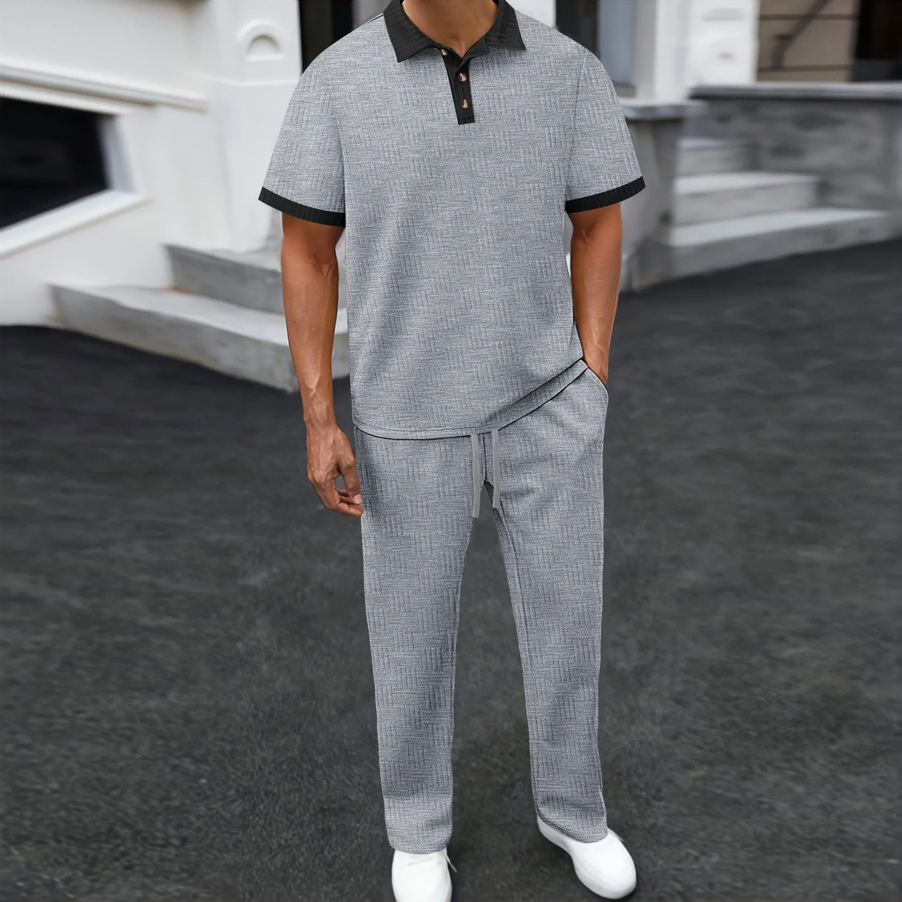 Men's 2 Piece Polo Shirt & Pants Set Textured Contrast Collar Casual Tracksuit for Daily Streetwear view 5