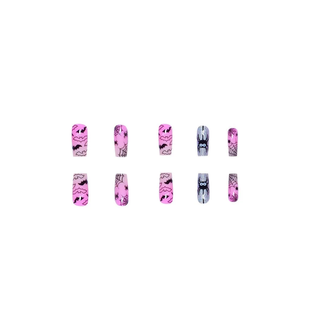 24pc dessin animé chauve-souris araignée faux ongles pour Halloween dégradé rose Flash argent cercueil faux ongles doux Cool toile d'araignée presse sur ongles