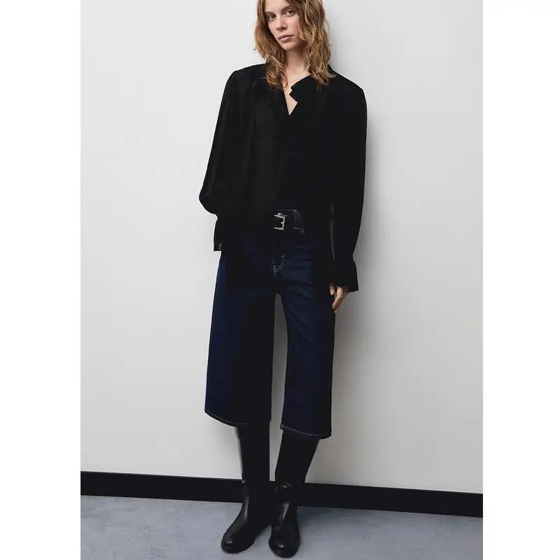 

Autumn Winter New Women's Long Sve Stand Collar Ruffle Design irt Top Belted Faionable Polyester Fiber 00%