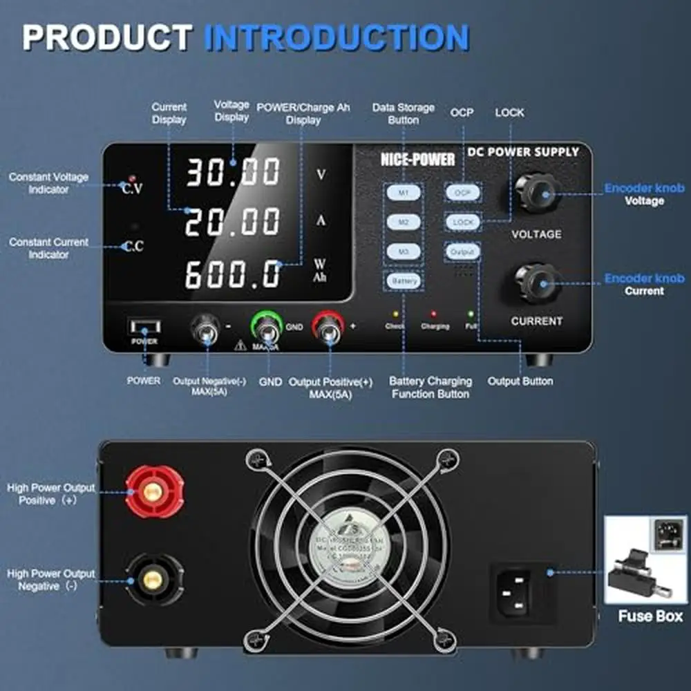 Fonte de alimentação CC ajustável, Carregador de bateria de bancada, Indicadores de carregamento, 30V, 20A, 600W