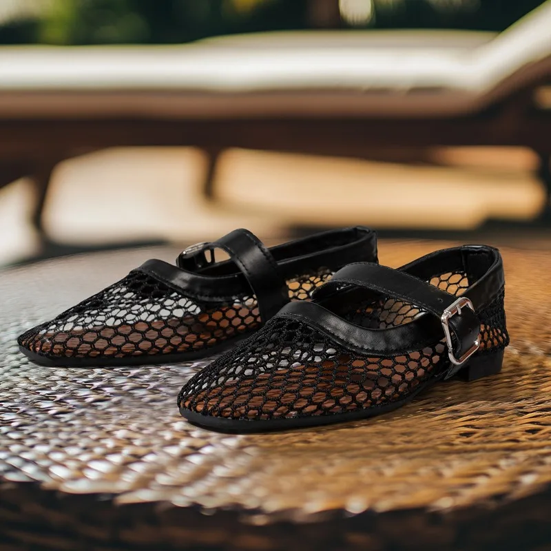

Beach Sandals Women Ladies Solid Colour Breathable Hollow Mesh Buckle Flat Bottom Large Size See-Through Casual Shoes For Women
