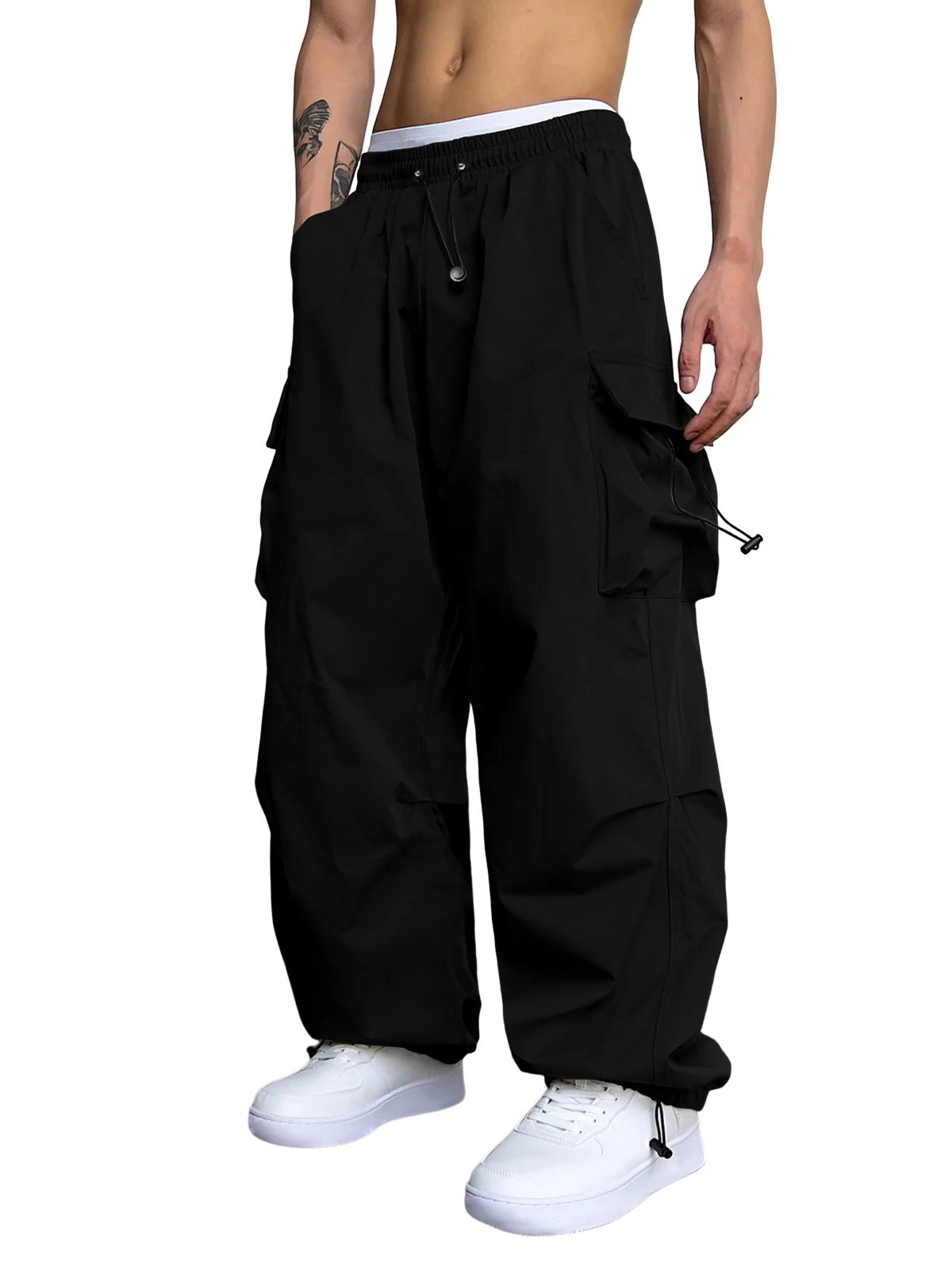 

Men's Solid Pocket Drawstring Baggy Cargo Pants, Loose Casual Street Parachute Pants for Daily Wear, Men's Bottoms for All Seaso