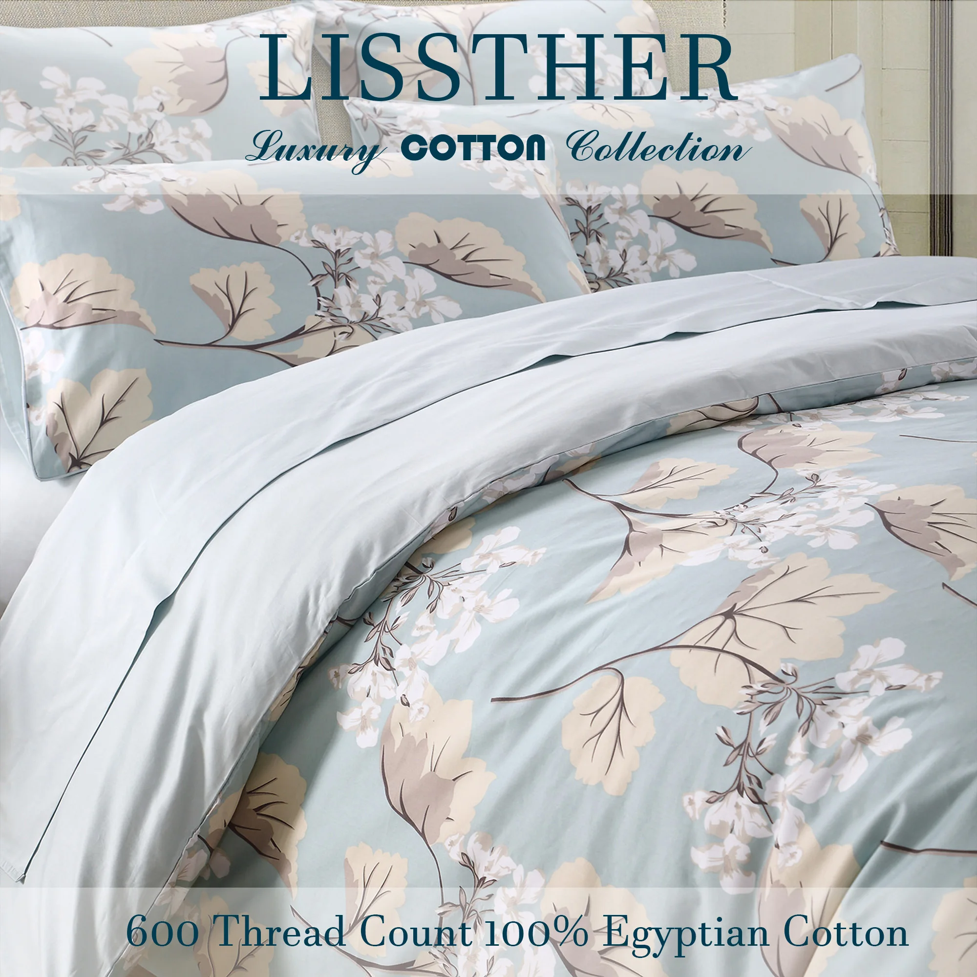 3pcs 600 TC 100% Egyptian Cotton Duvet Cover Set (Without Core), Luxury Leaves and Floral in Blue, Soft And Skin-friendly