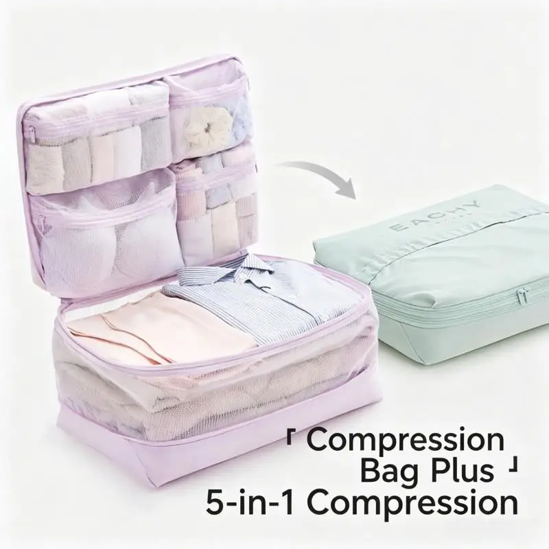 Compression Packing Cubes 5-in-1 Travel Luggage Organizer Bag Portable Multi Compartment Clothes Storage Suitcase Accessories