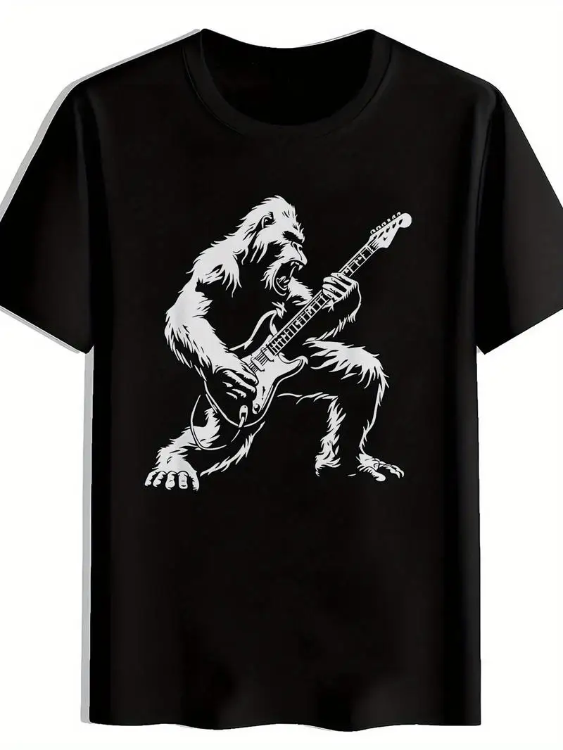 Men's Black Casual T-Shirt Featuring Gorilla With Electric Guitar Design Round Neck Short Sleeves Summer Fashion Regular Fit Tee