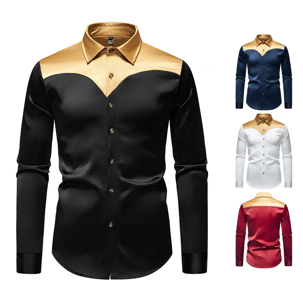 

Men's Satin Silky Colorblock Shirt Medieval Gothic Renaissance Shirt Tops Men's Long Sleeve Blouse Fashion