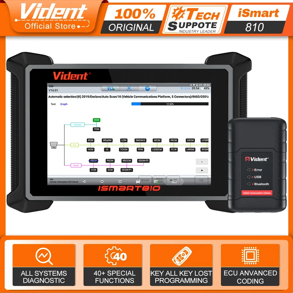 2024 VIDENT iSmart810 Car Diagnostic Tool Topology Map Scanner Active Test ECU Coding Key Programming 40 Resets With DoIP&CAN FD