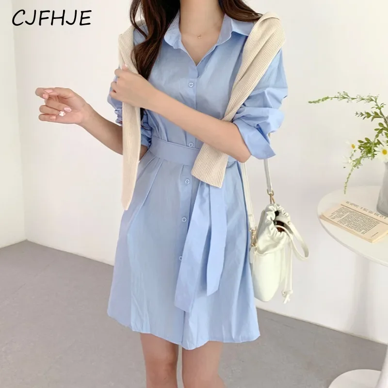 CJFHJE Primavera Moda Versátil Lace Up Camisa Feminina Vestido Coreano Gola Flip Único Breasted Mulheres Vestido Clássico de Manga Comprida