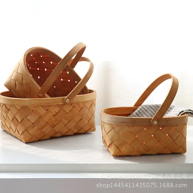 Hand Woven Wooden Chip Storage Basket Household Goods Vegetable and Fruit Weaving Basket