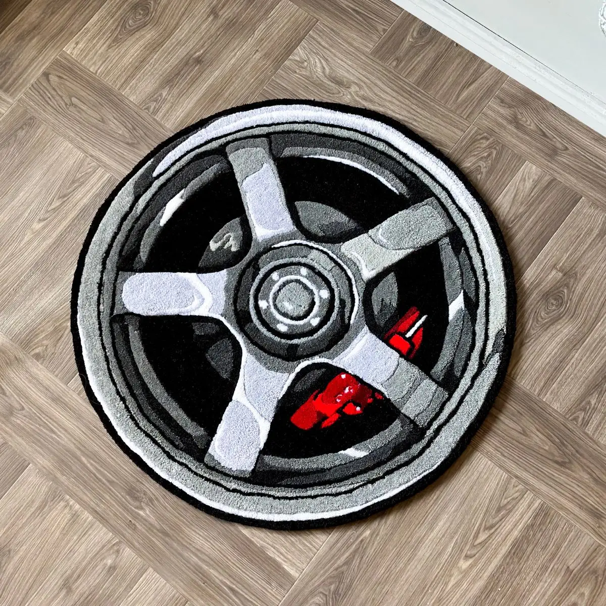 JDM Five Spoke Wheel Rug Silver Rim with Red Brake Caliper Print