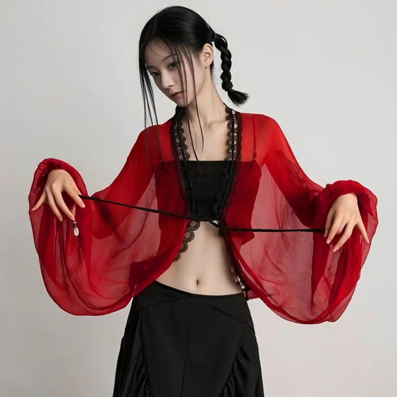 

Red Dance Performance Clothes Loose New Chinese Style Shoulder Shawl Top Classical Ethnic Women's Stage Outfits
