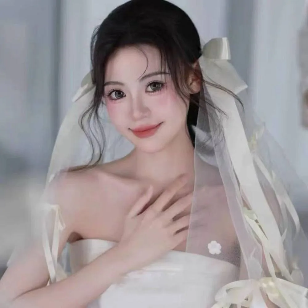 

Romantic Versatile Bridal Veils White Tulle Bride Head Gauze Sweet Bow Wedding Headwear Headdress