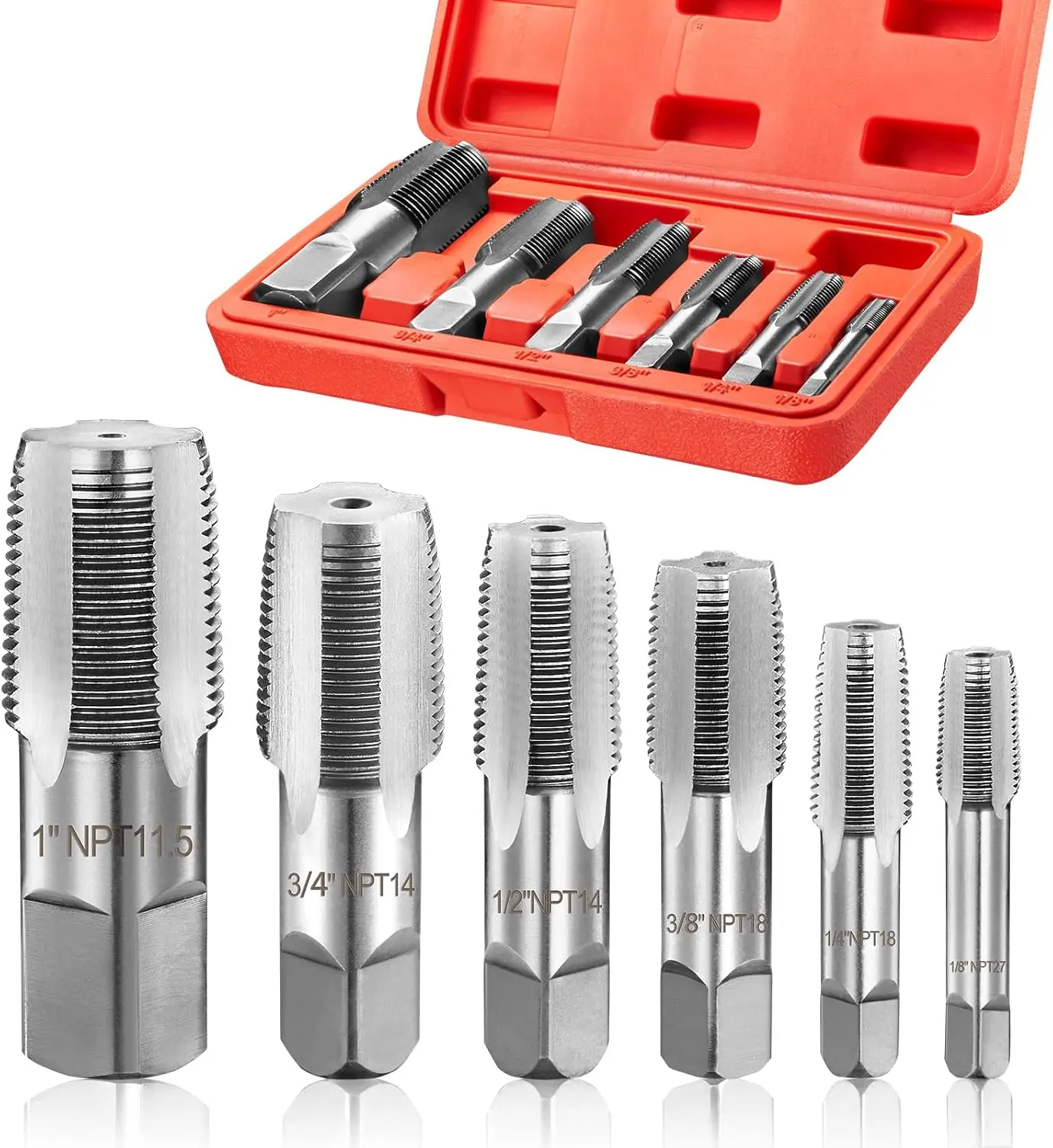 

6Pcs NPT Pipe Tap Set 1/8' to 1', Alloy Steel, 4-Flute, with Storage Case