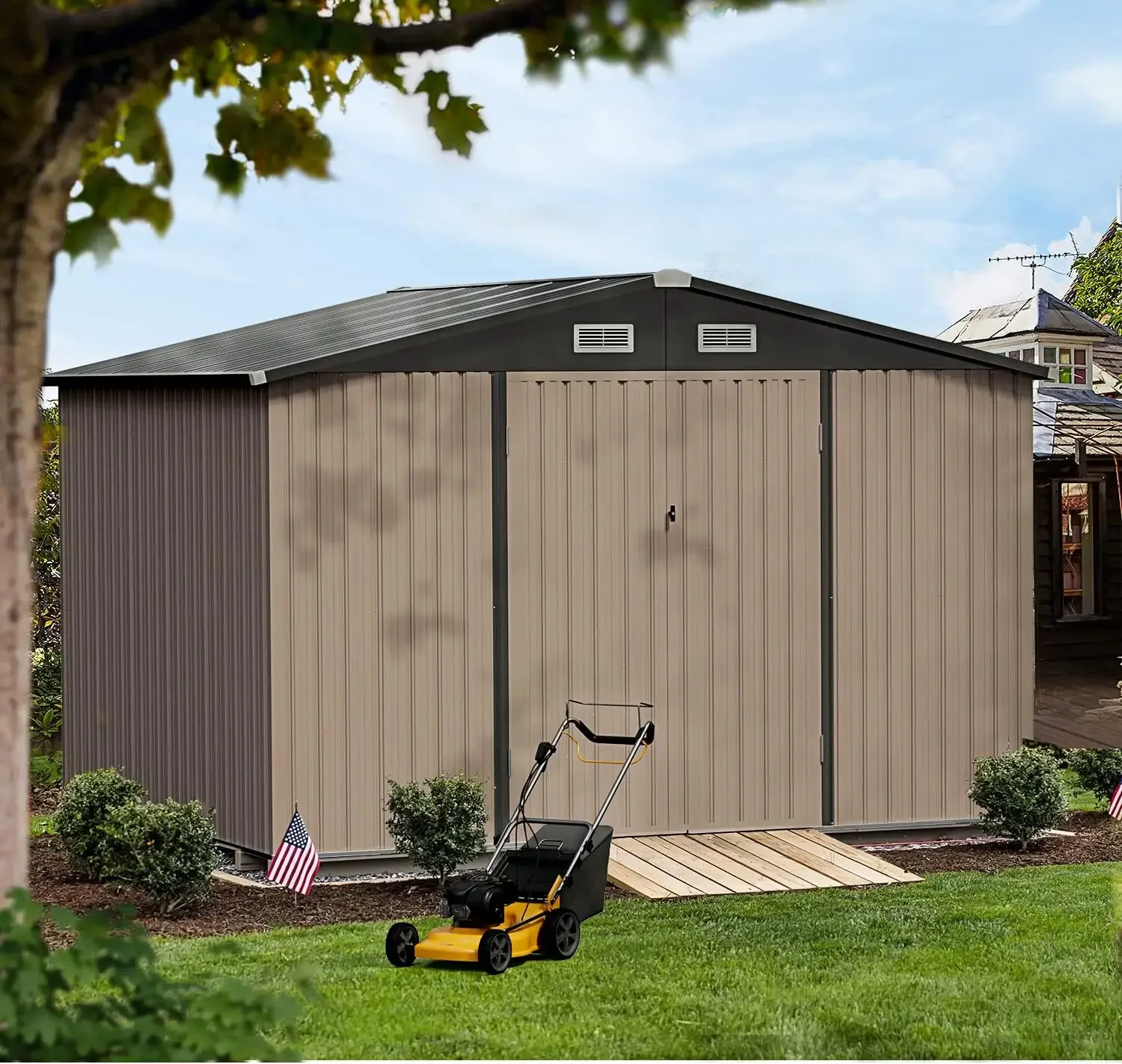 

Spacious Outdoor Storage Shed,3x5/6x8/8x10FT,Durable and Stable, Garbage Can,Outdoor Metal Shed for Tool,Garden,Bike, Brown