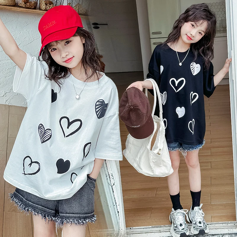 Hot Sale Child Summer Short Sleeve T-shirt with Heart Print For Girls Elegant Cotton Tshirt Outfit Tee Tops Age 5 7 9 11 13 14 Y
