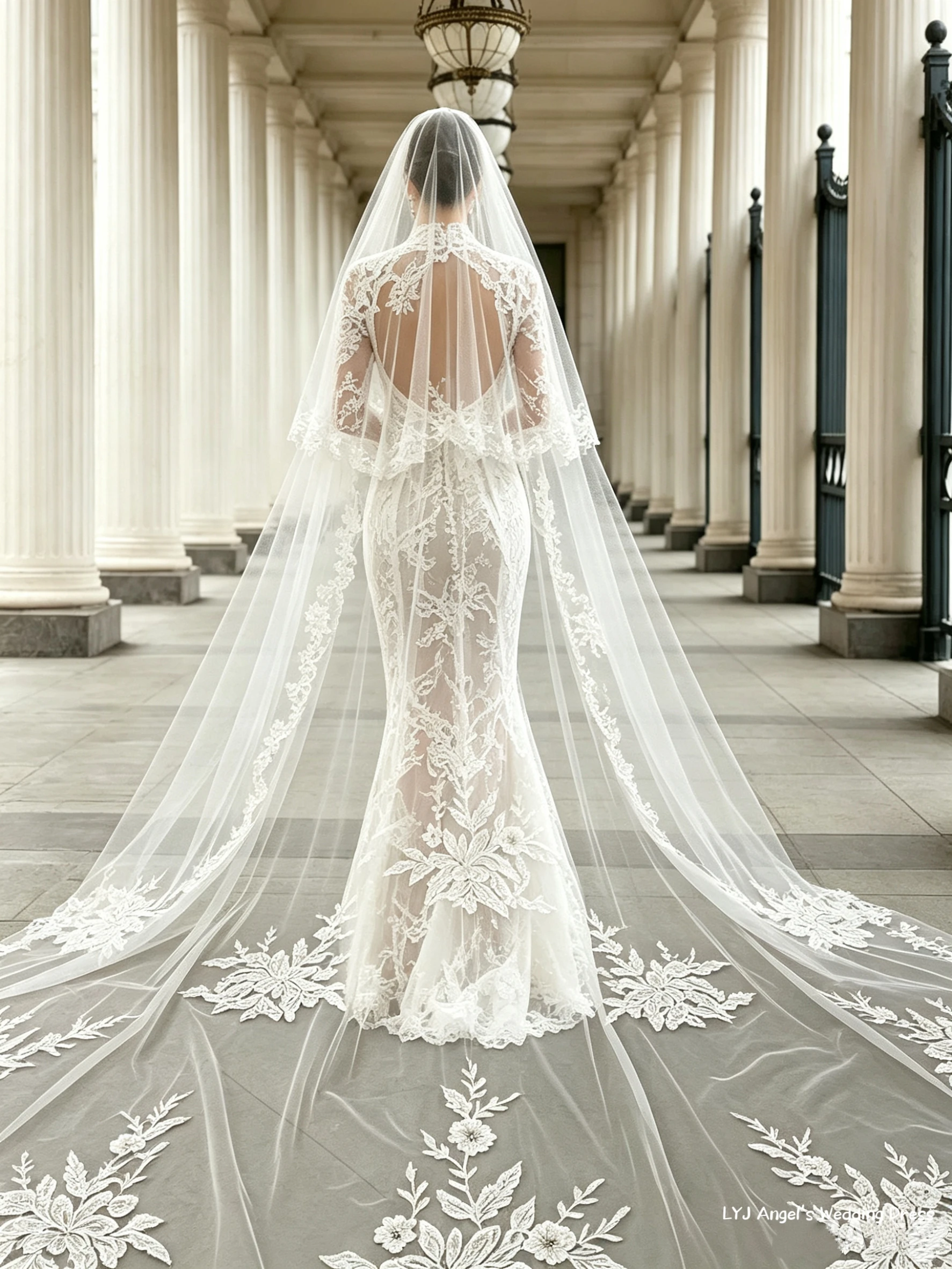 Cathedral Lace Edge Bridal Veil 3M 350CM Long with Comb Off White/Ivory Two-Layer Tulle Wedding Accessory for Brides