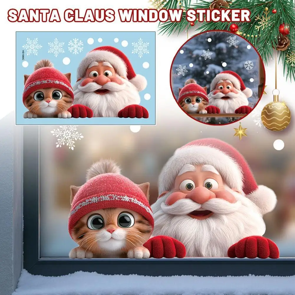 Adesivi per specchietti per finestre di Natale 3D Babbo Natale Gatto Fiocco di neve Finestra di vetro Decalcomania elettrostatica per la camera dei bambini Decorazioni di Capodanno 2025