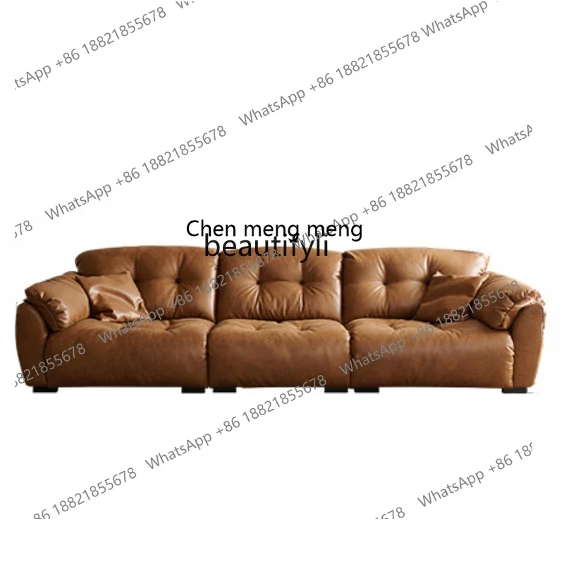 Leather sofa living room straight row retro wind oil wax leather functional sofa backrest adjustable
